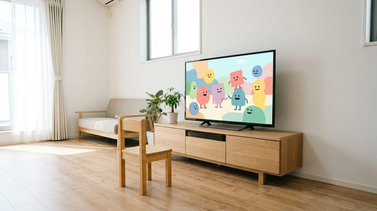 テレビやモニターで英語のアニメーションを流している風景を通し、動画学習の取り入れ方を伝える