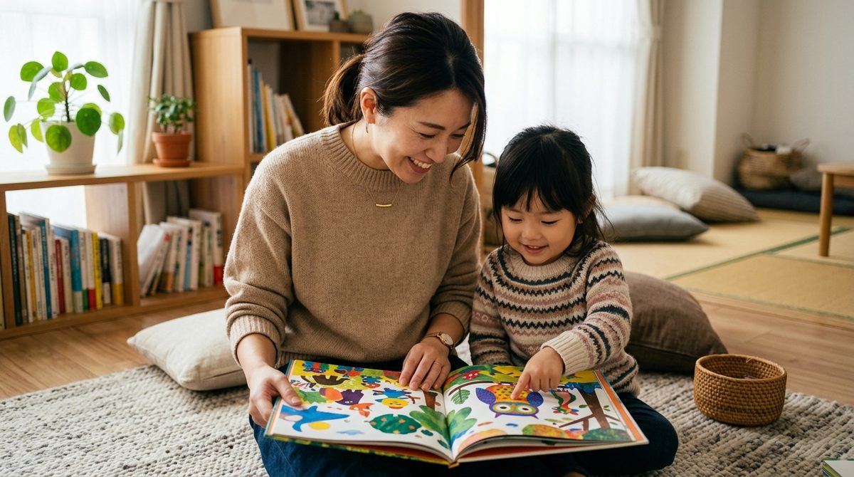 リビングで親子が絵本を広げ、娘が笑顔で絵を指差す