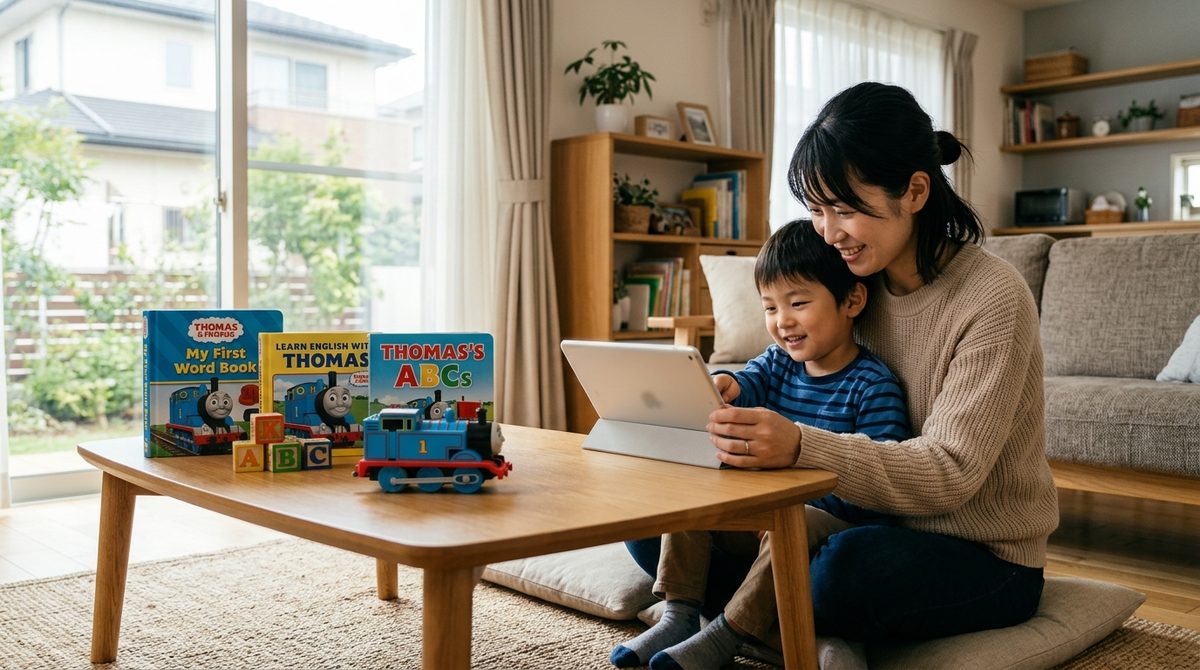 親子がリビングで笑顔でタブレットを操作、トーマスの絵本と電車