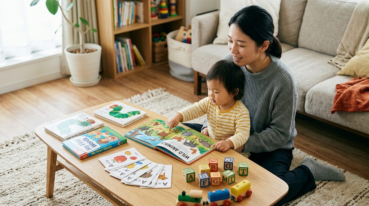 母親と乳幼児がリビングで動物の絵本を読んでいる