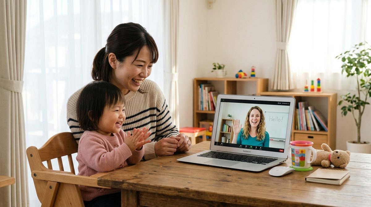 外国人講師とのやり取りを伴うオンラインレッスンの様子を再現し、受講イメージを伝える。