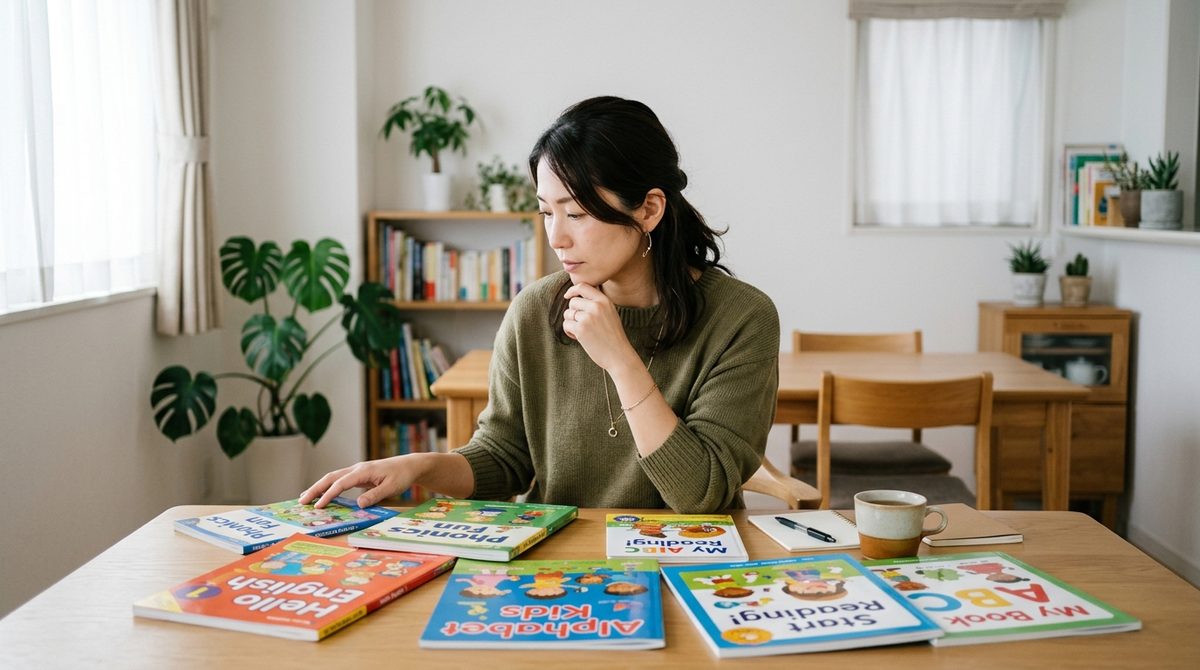 多くの選択肢から自分に合った教材を選ぶ際の「迷い」や「比較」のシーンを表現する。