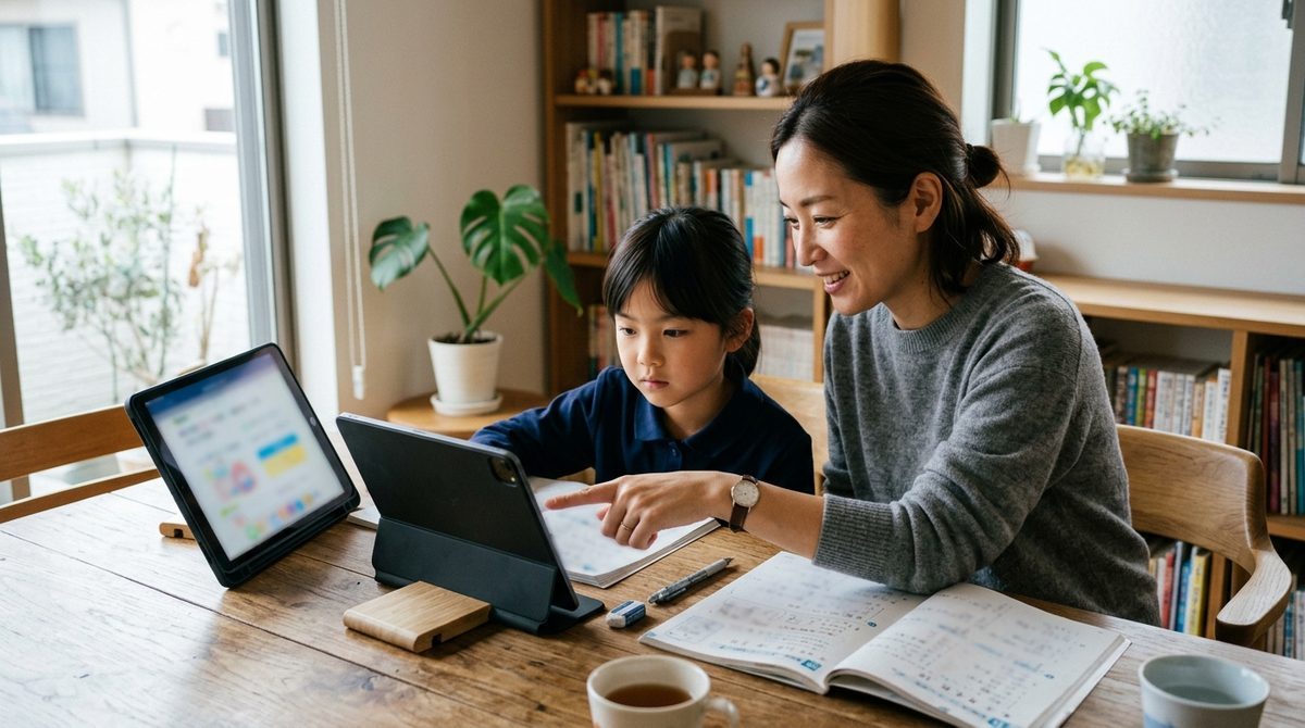 自宅で母親が娘にタブレット学習の画面を指差して教える