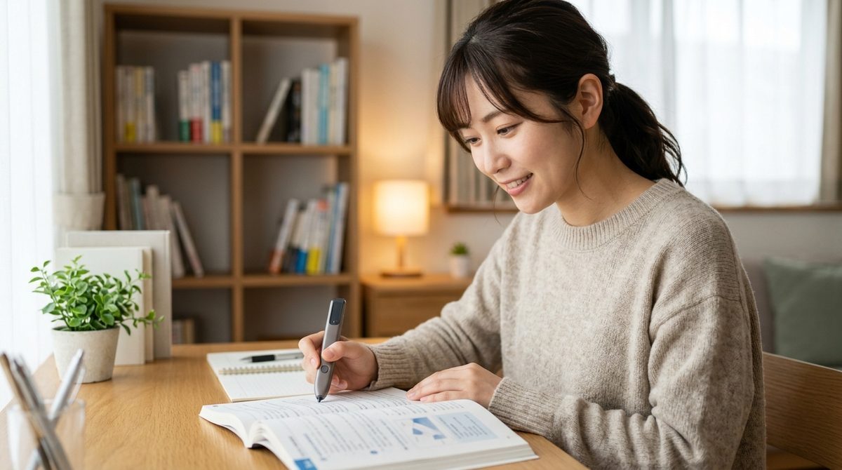 女性が電子ペンで学習書をなぞり笑顔で勉強中